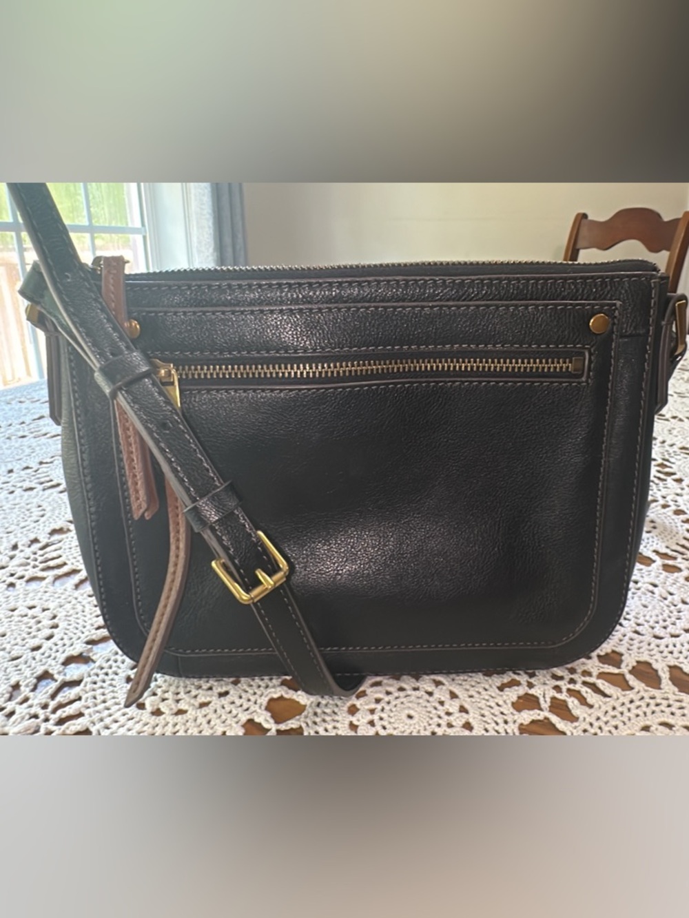 Fossil Black Leather Messenger Bag with Gold Hardware (bag 15)